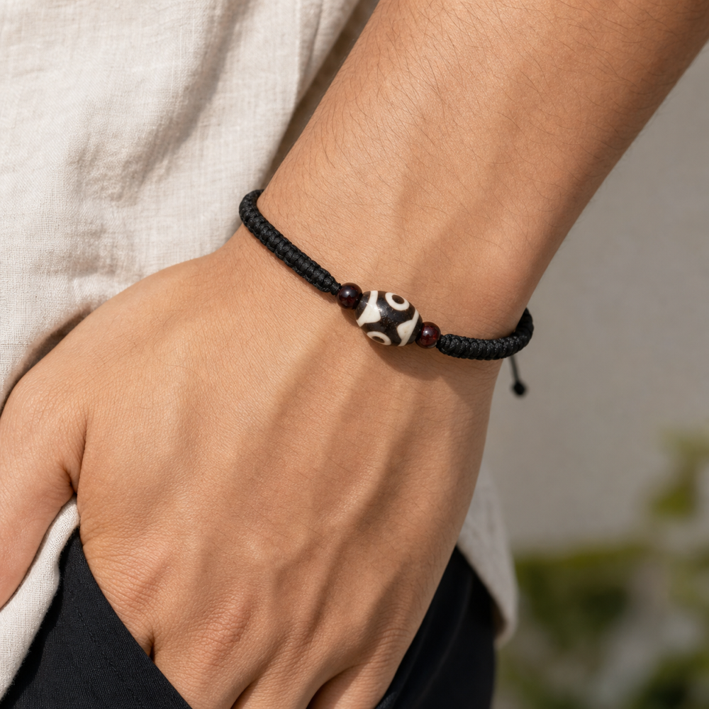 Male model wearing Tibetan Dzi bracelet