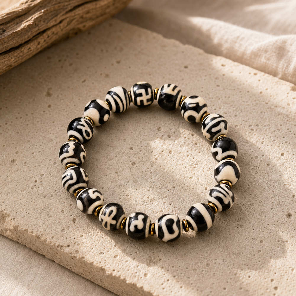 Black white Dzi bracelet lifestyle scene