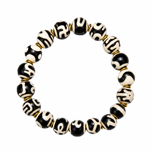Black white Tibetan Dzi bracelet on white background