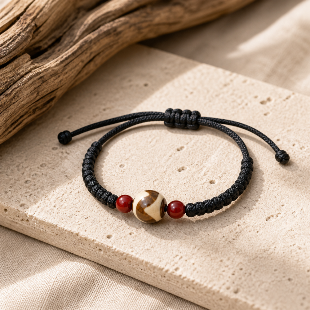 Round brown cream Dzi bracelet lifestyle scene