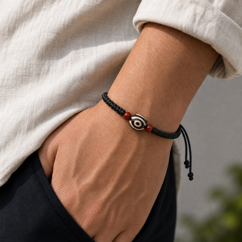 Male model wearing round eye Dzi bracelet